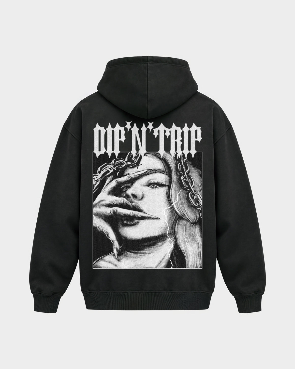 Dip'N'Trip – Oversized Hoodie in Schwarz, Rückenprint – Hard Nights