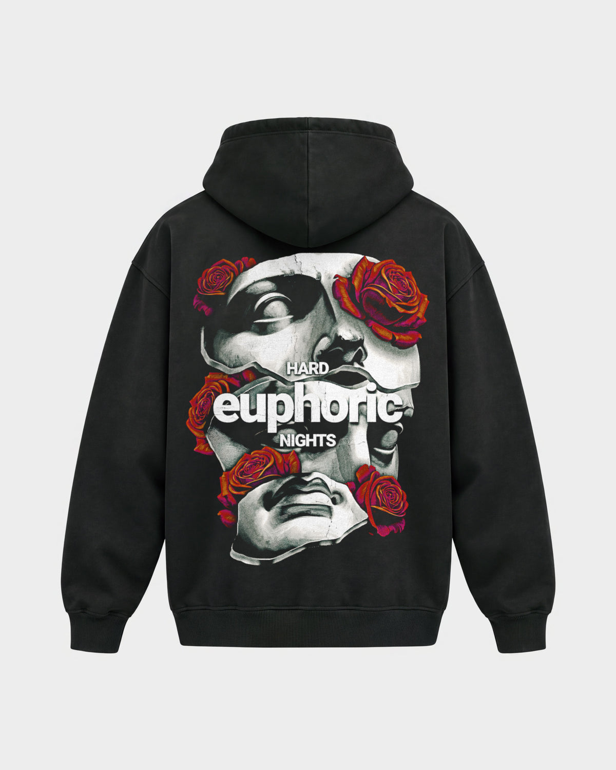 Euphoric – Oversized Hoodie in Schwarz, Rückenprint – Hard Nights