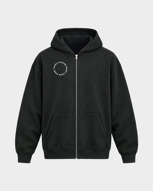 Every fuckin night – Oversized Zipper Hoodie in Schwarz, Frontprint – Hard Nights