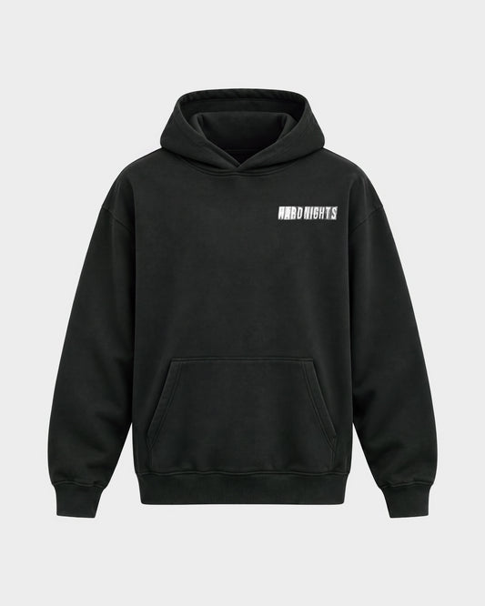 Hard Nights every time – Oversized Hoodie in Schwarz, Frontprint – Hard Nights