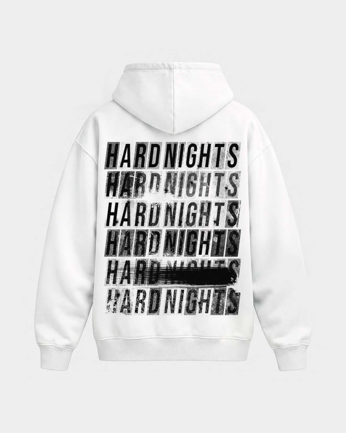 Hard Nights every time – Oversized Hoodie in Weiß, Rückenprint – Hard Nights