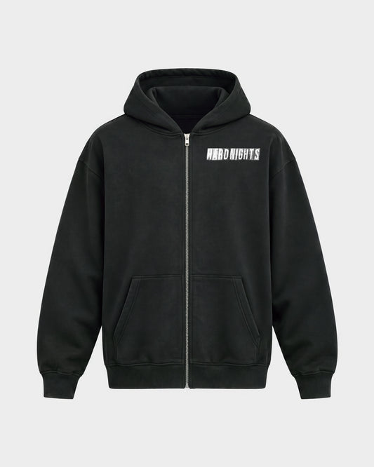 Hard Nights every time – Oversized Zipper Hoodie in Schwarz, Frontprint – Hard Nights