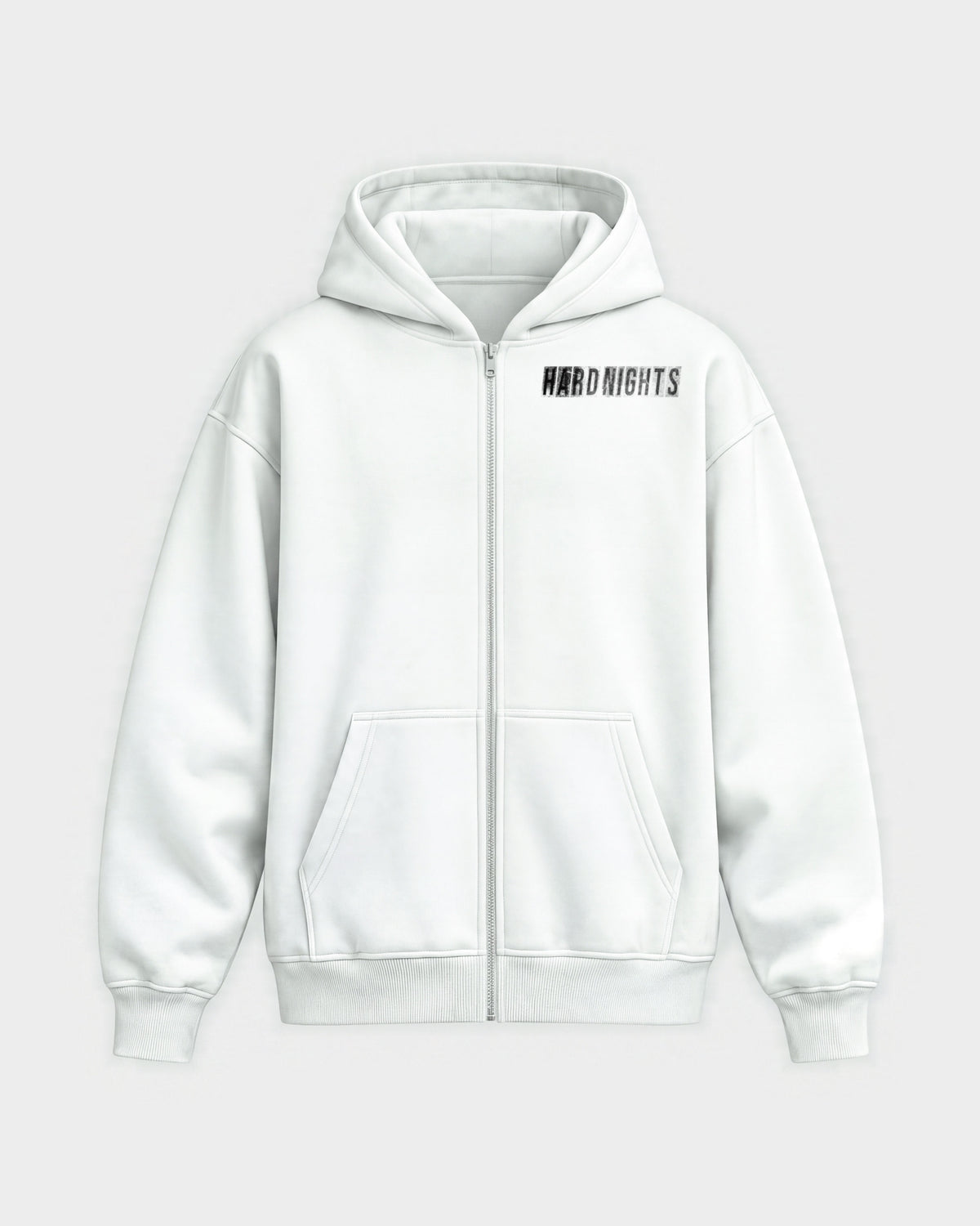 Hard Nights every time – Oversized Zipper Hoodie in Weiß, Frontprint – Hard Nights