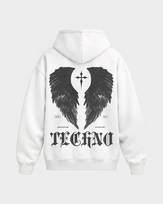 Fly with me – Oversized Hoodie in Weiß, Rückenprint – Hard Nights
