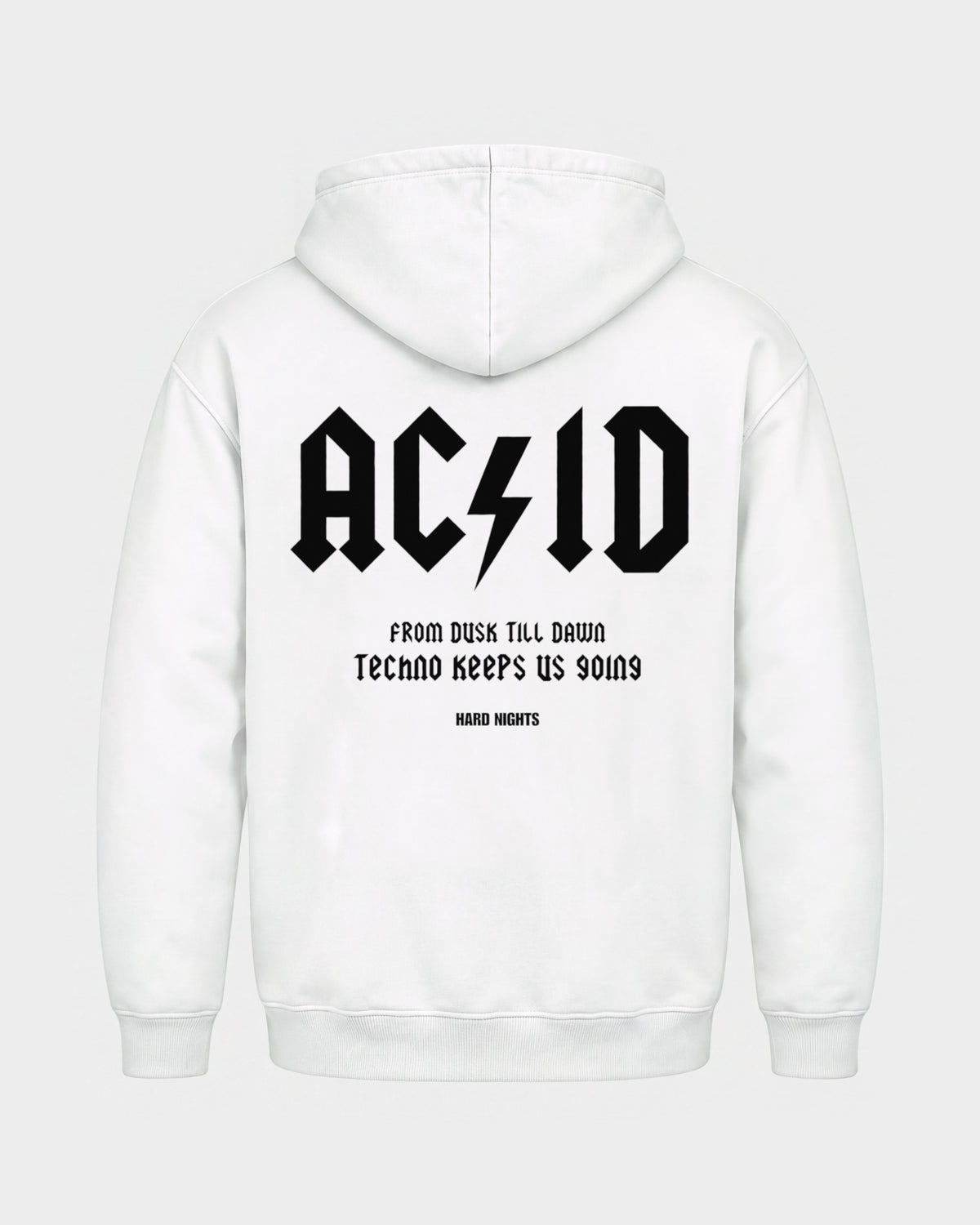 From dusk till dawn – Basic Hoodie in Weiß, Rückenprint – Hard Nights