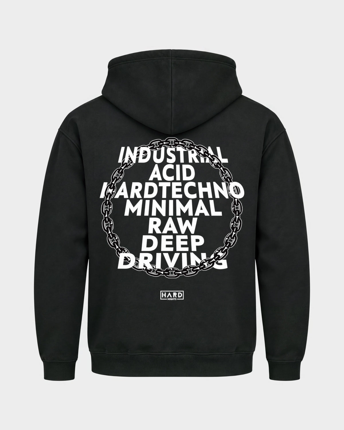 Genre – Basic Hoodie in Schwarz, Rückenprint – Hard Nights