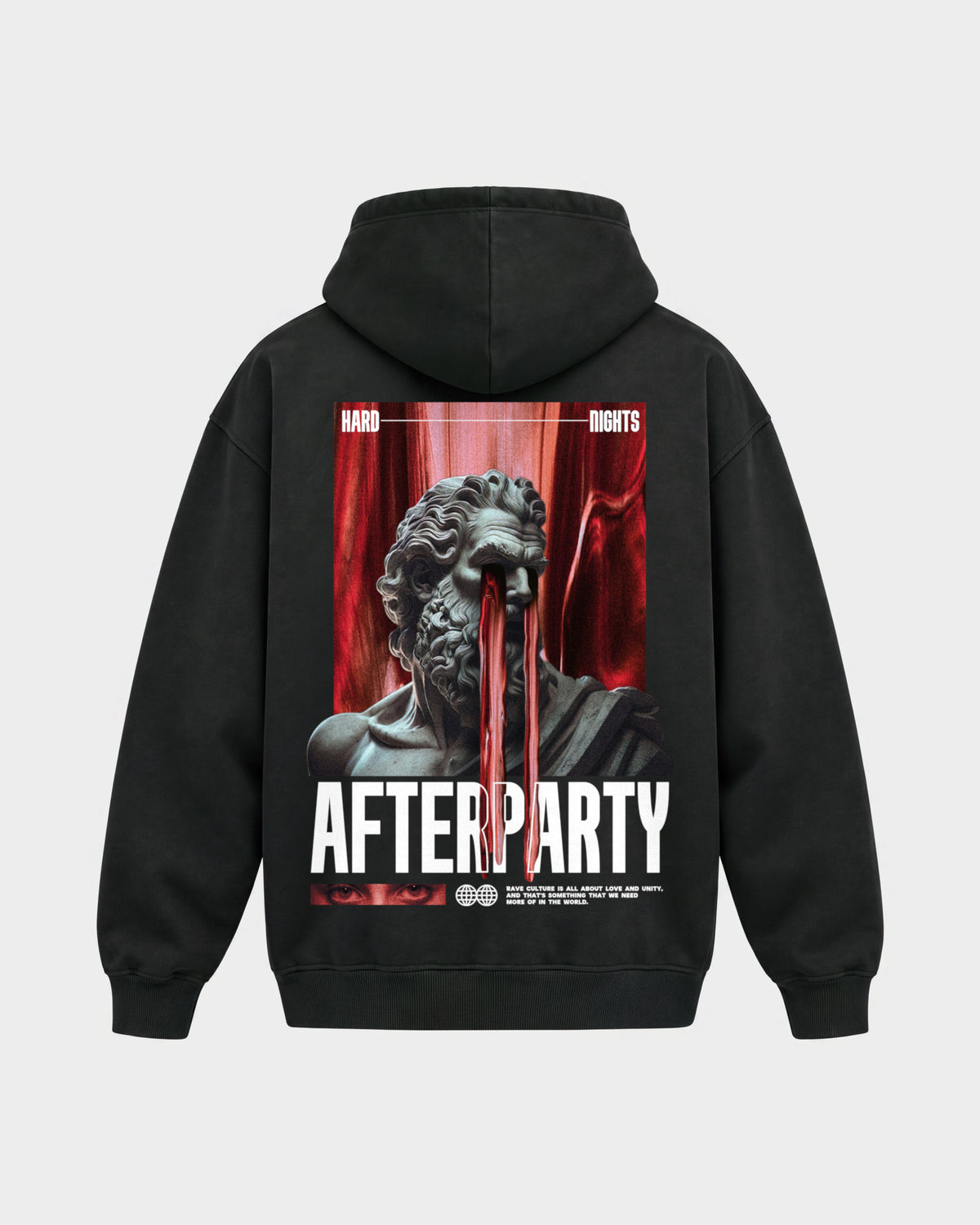 Greek Afterparty – Oversized Hoodie in Schwarz, Rückenprint – Hard Nights