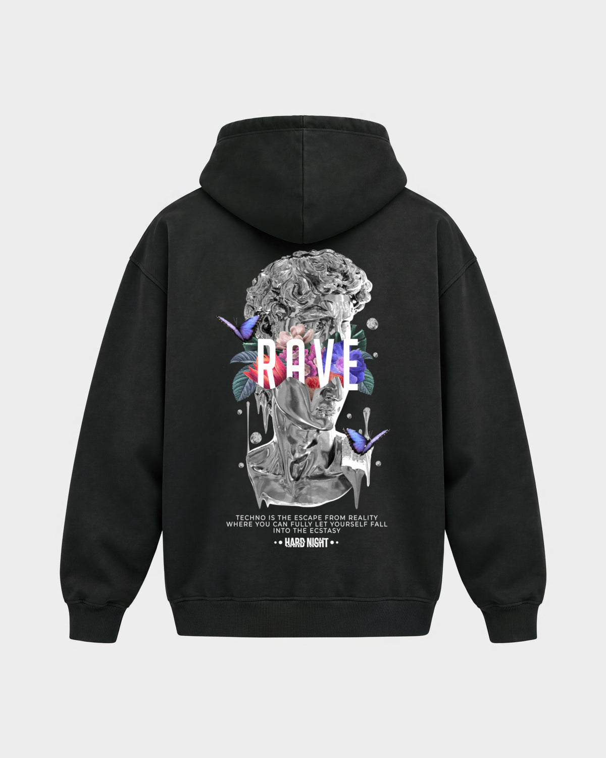 Greek Rave – Oversized Hoodie in Schwarz, Rückenprint – Hard Nights