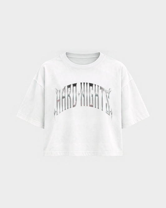 Hard Dog – Oversized Crop Top in Weiß, Frontprint – Hard Nights