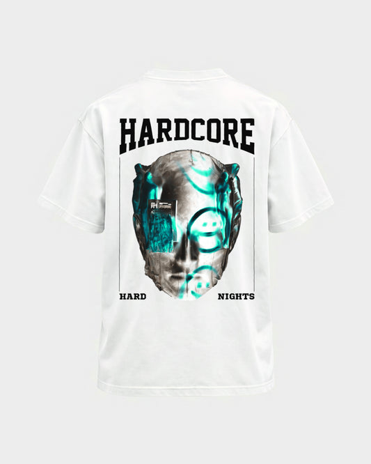 Hardcore – Basic Shirt in Weiß, Rückenprint – Hard Nights