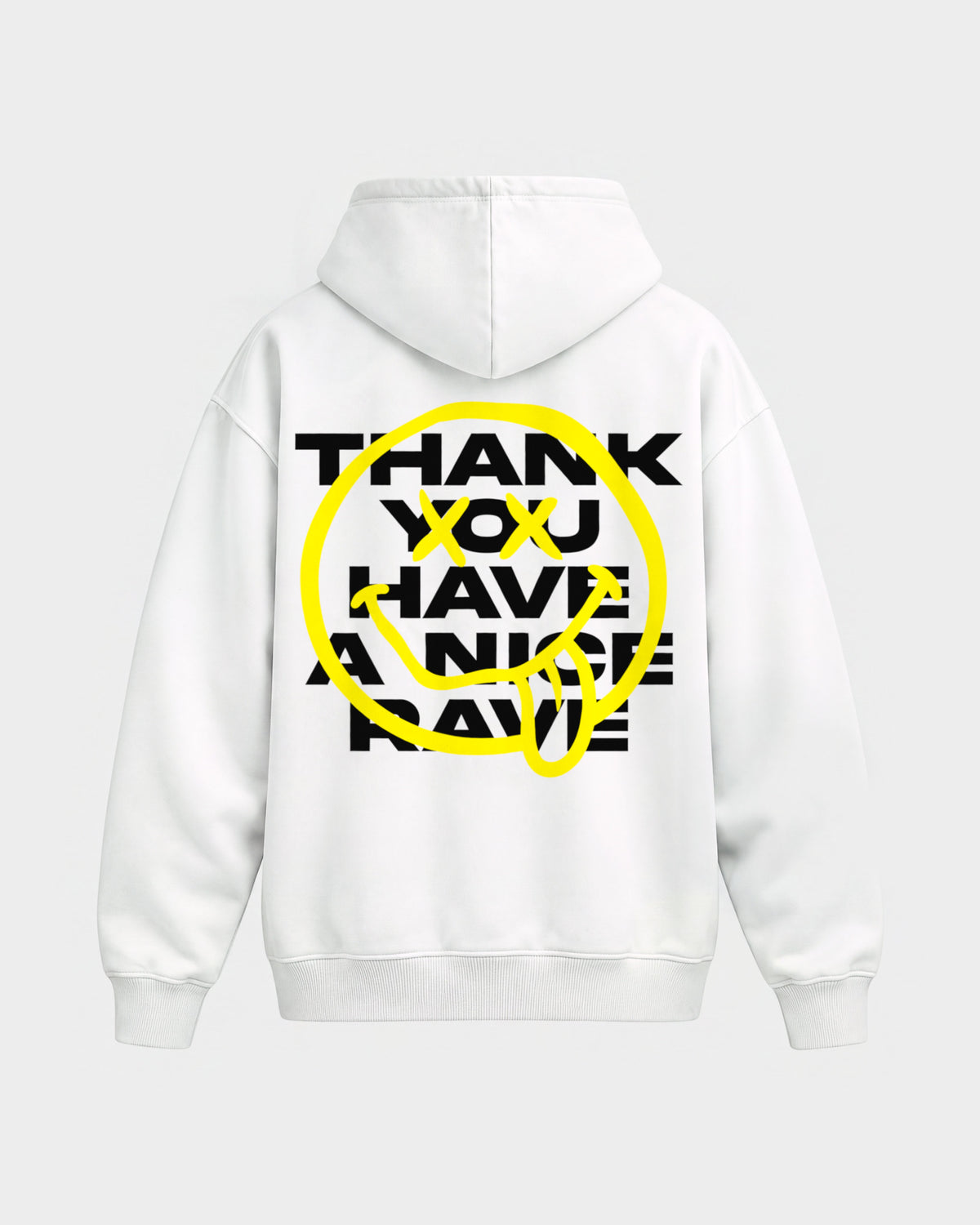 Have a nice rave – Oversized Hoodie in Weiß, Rückenprint – Hard Nights