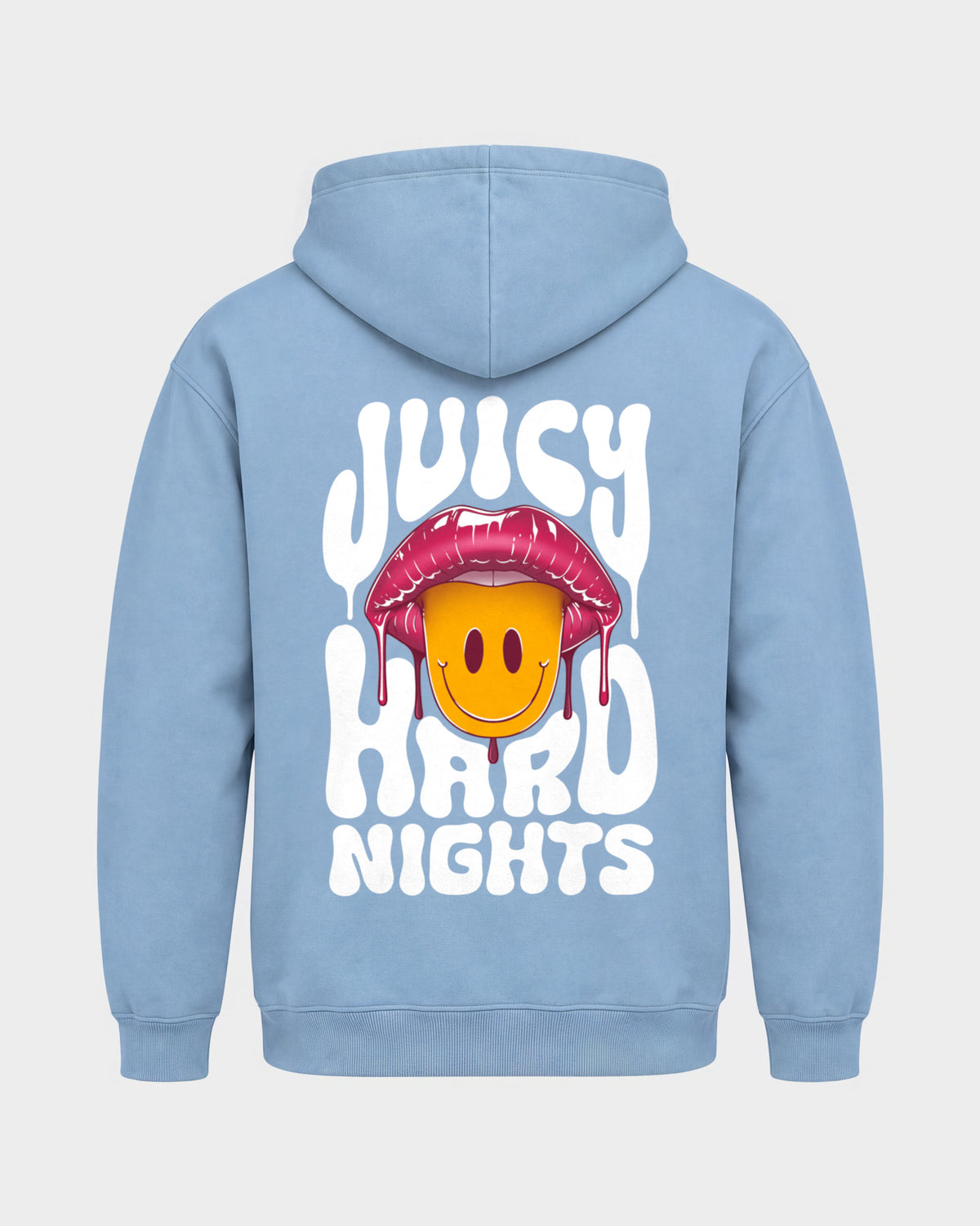 Juicy Hard Nights – Basic Hoodie in Himmelblau, Rückenprint – Hard Nights