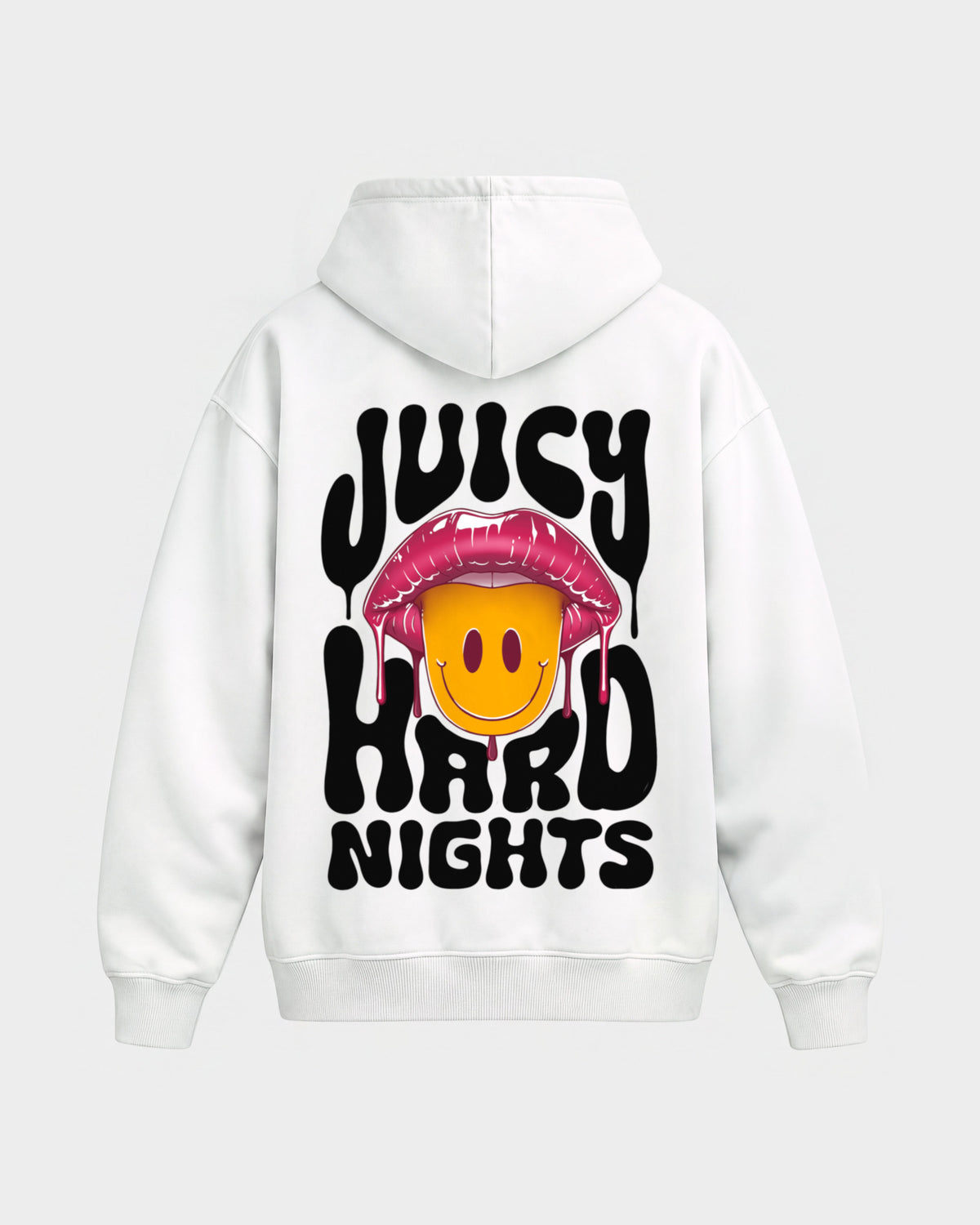 Juicy Hard Nights – Oversized Hoodie in Weiß, Rückenprint – Hard Nights