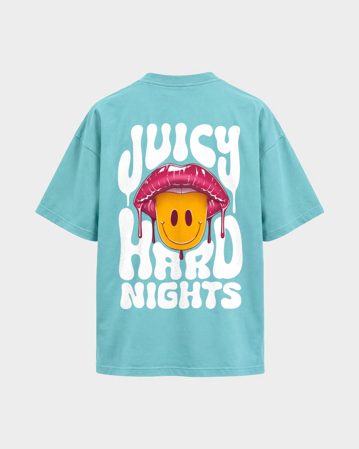 Juicy Hard Nights – Oversized Shirt in Berylblau, Rückenprint – Hard Nights