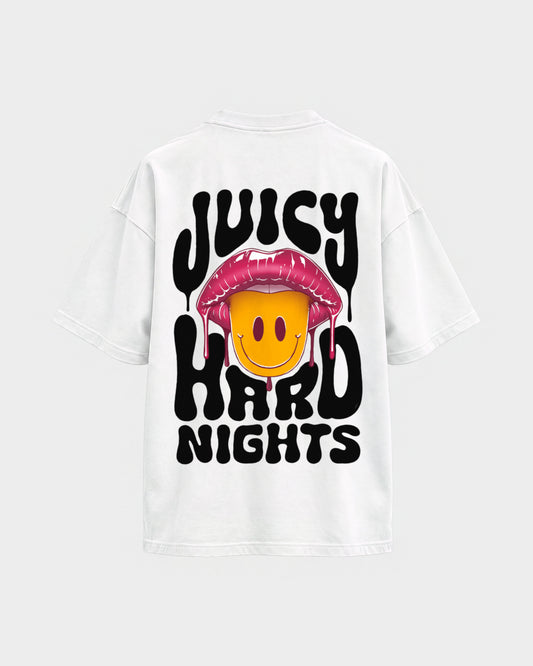 Juicy Hard Nights – Oversized Shirt in Weiß, Rückenprint – Hard Nights