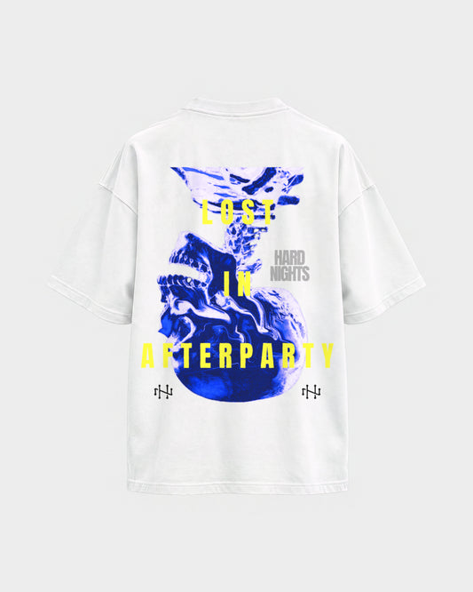 Lost in afterparty – Oversized Shirt in Weiß, Rückenprint – Hard Nights