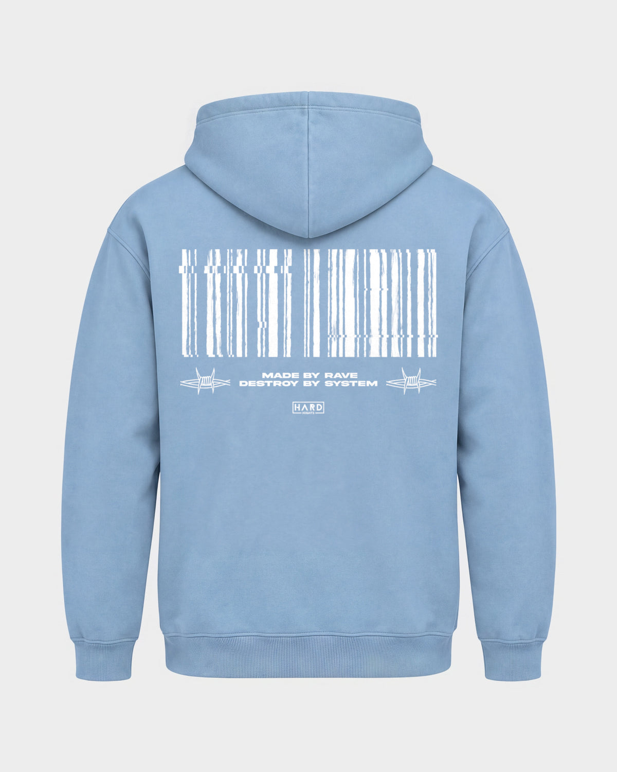 Made by rave – Basic Hoodie in Himmelblau, Rückenprint – Hard Nights