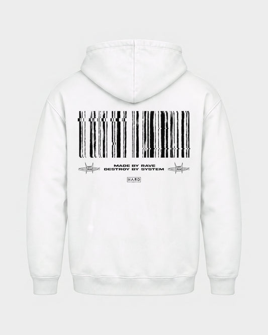 Made by rave – Basic Hoodie in Weiß, Rückenprint – Hard Nights