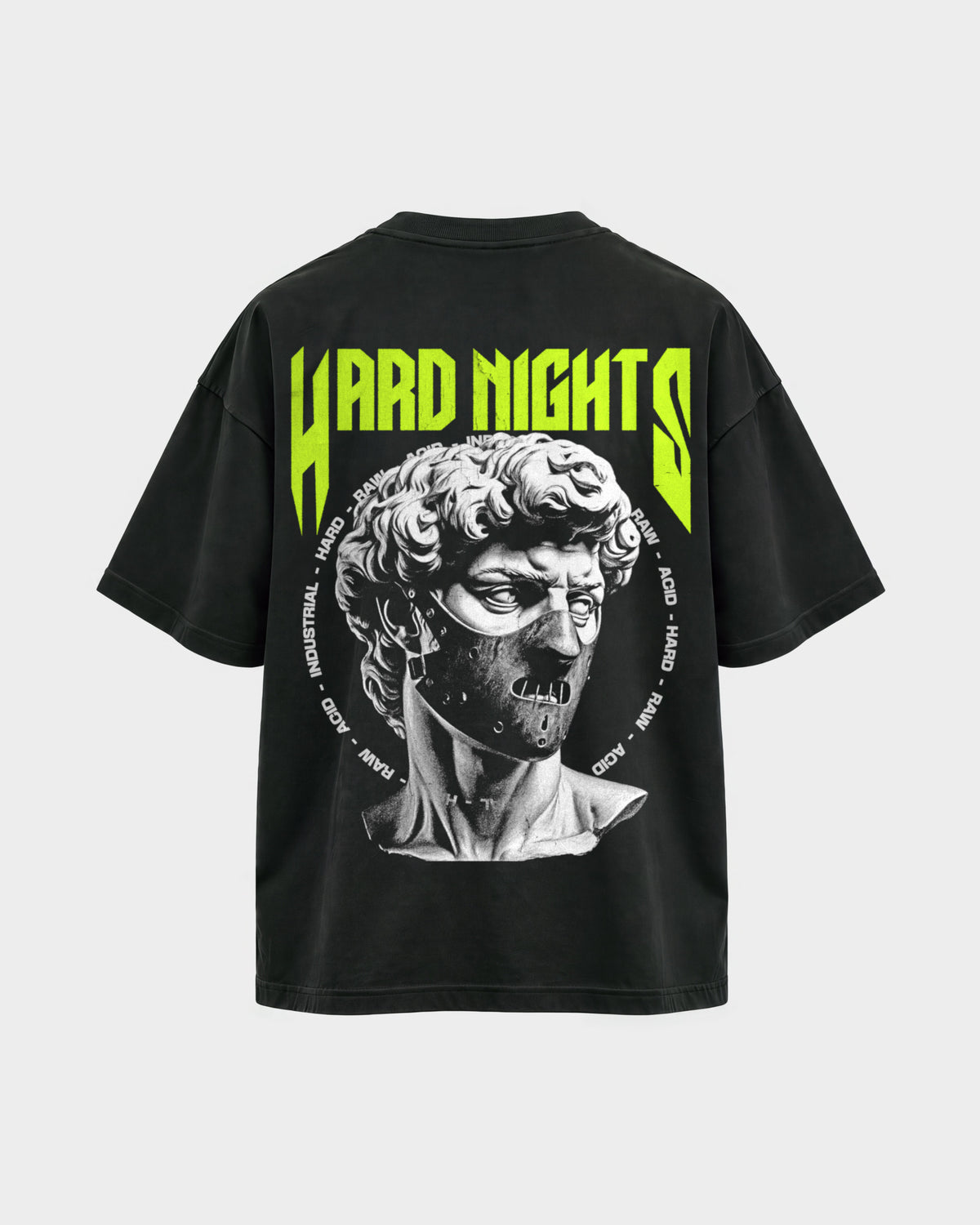Masked Raver – Oversized Shirt in Schwarz, Rückenprint – Hard Nights
