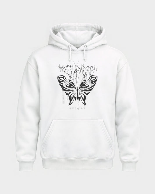 Metamorph – Basic Hoodie in Weiß, Frontprint – Hard Nights