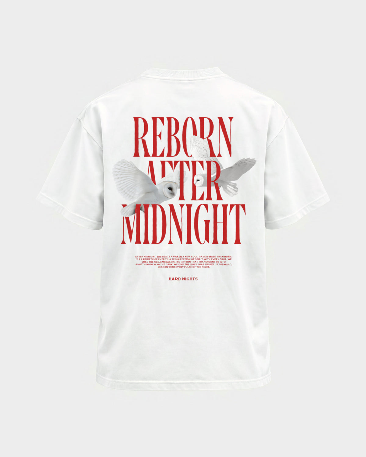 Midnight Owls – Basic Shirt in Weiß, Rückenprint – Hard Nights