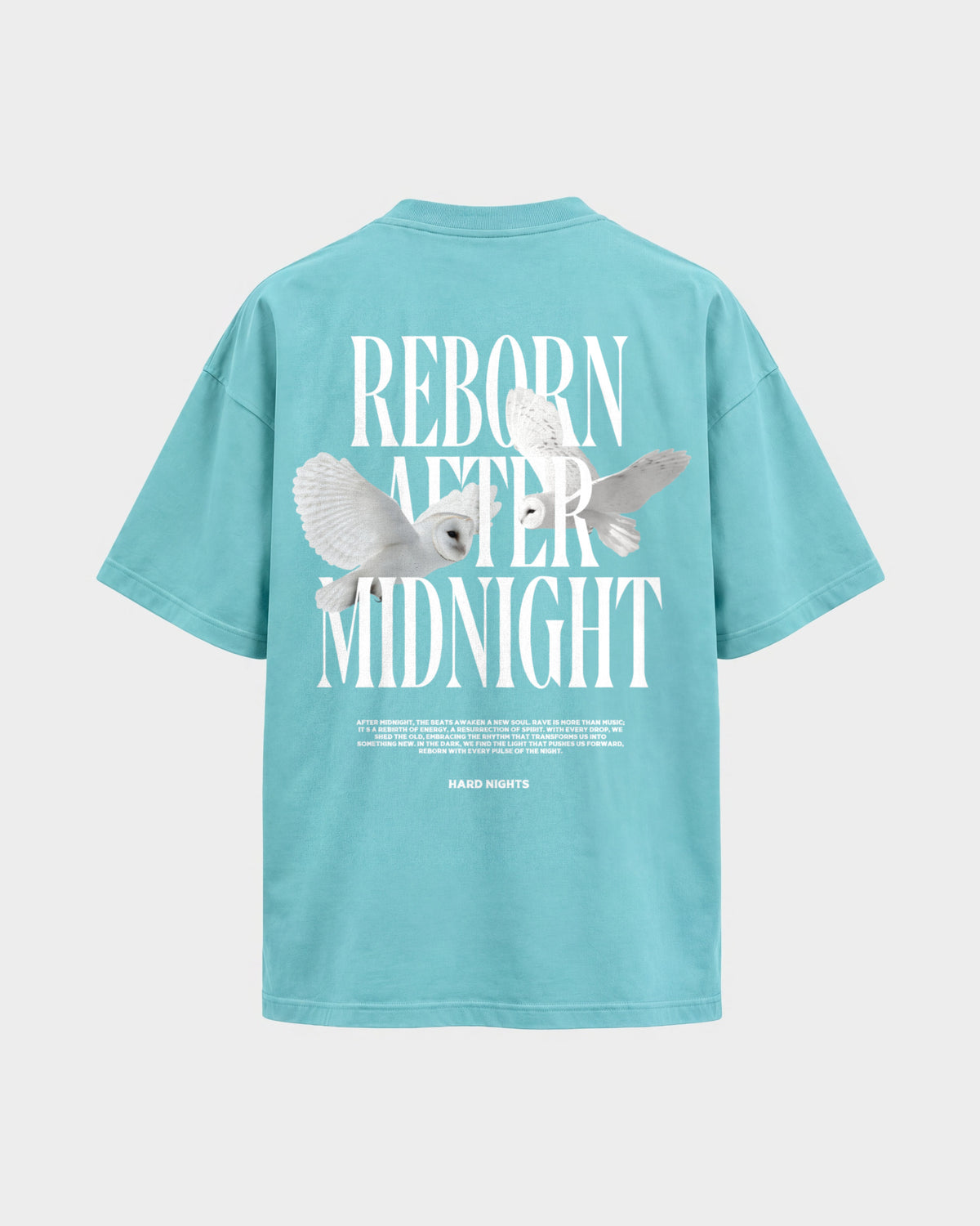 Midnight Owls – Oversized Shirt in Berylblau, Rückenprint – Hard Nights