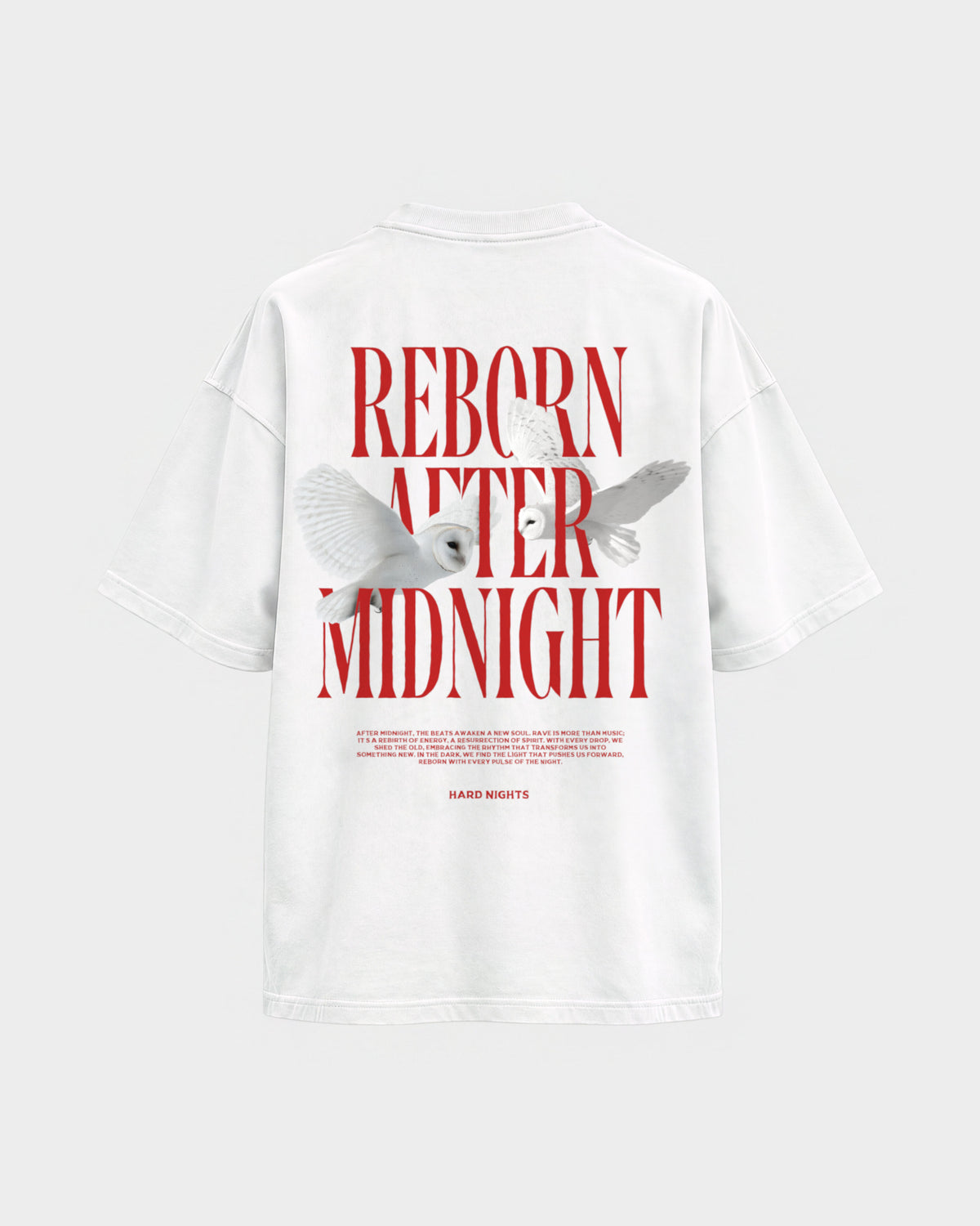 Midnight Owls – Oversized Shirt in Weiß, Rückenprint – Hard Nights