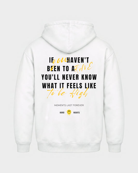 Moments last forever – Basic Hoodie in Weiß, Rückenprint – Hard Nights