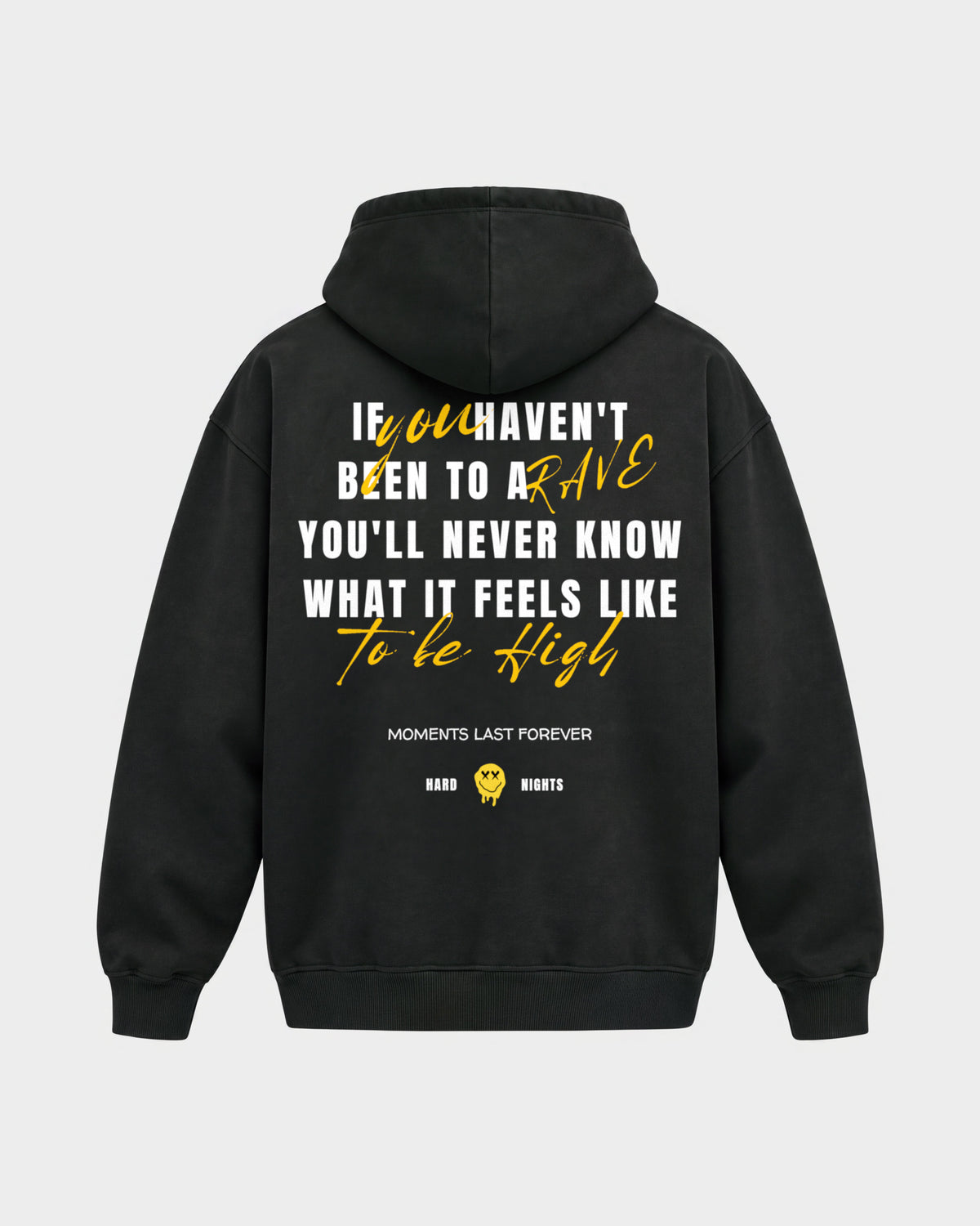 Moments last forever – Oversized Hoodie in Schwarz, Rückenprint – Hard Nights