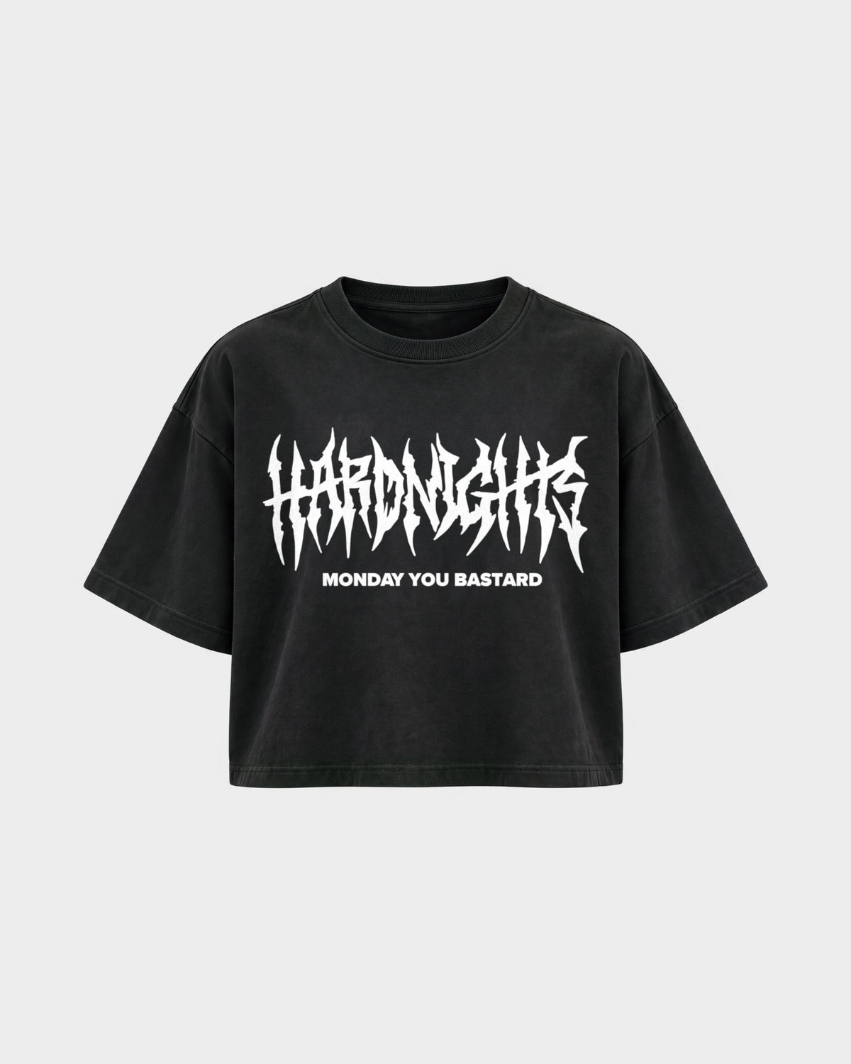 Monday you bastard – Oversized Crop Top in Schwarz, Frontprint – Hard Nights