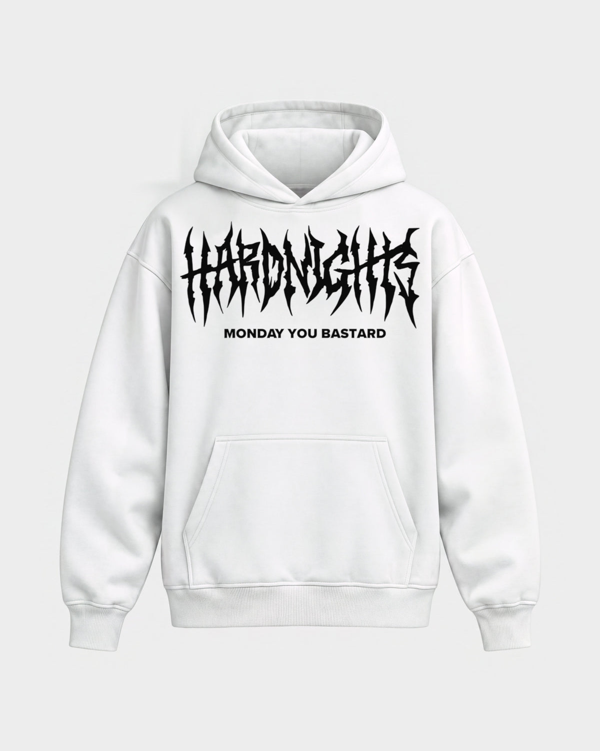 Monday you bastard – Oversized Hoodie in Weiß, Frontprint – Hard Nights