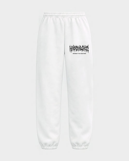 Monday you bastard – Sweatpants in Weiß, Print am Bein – Hard Nights