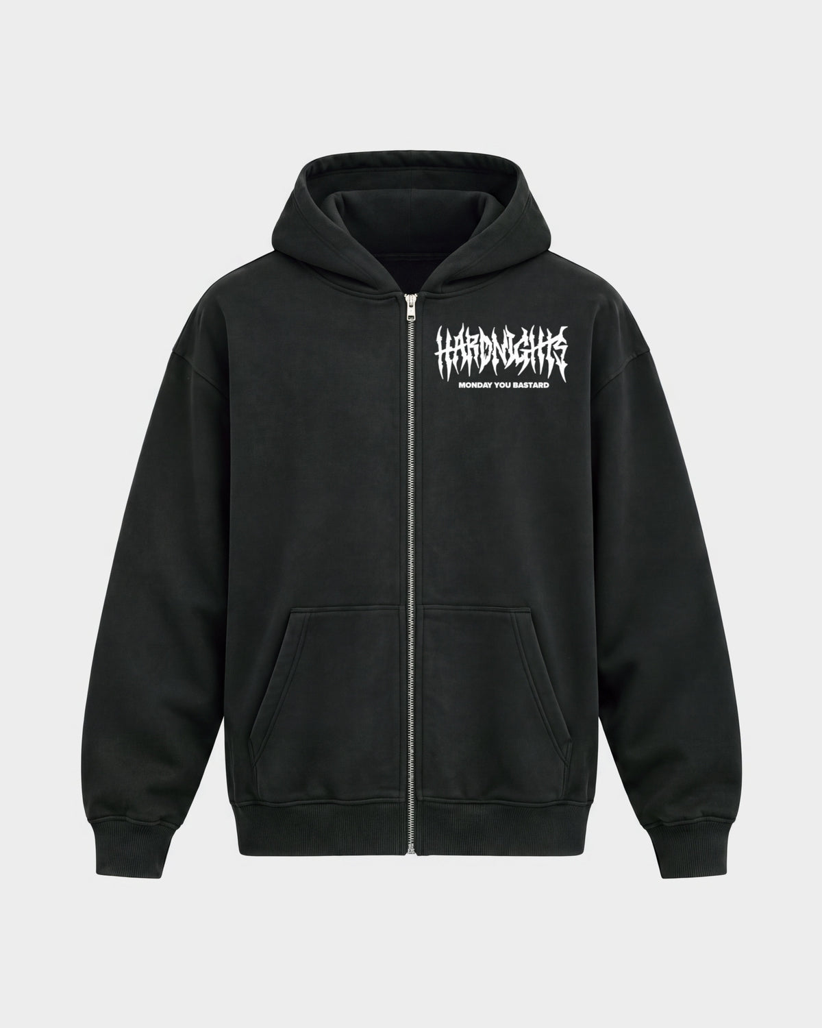 Monday you bastard – Oversized Zipper Hoodie in Schwarz, Frontprint – Hard Nights