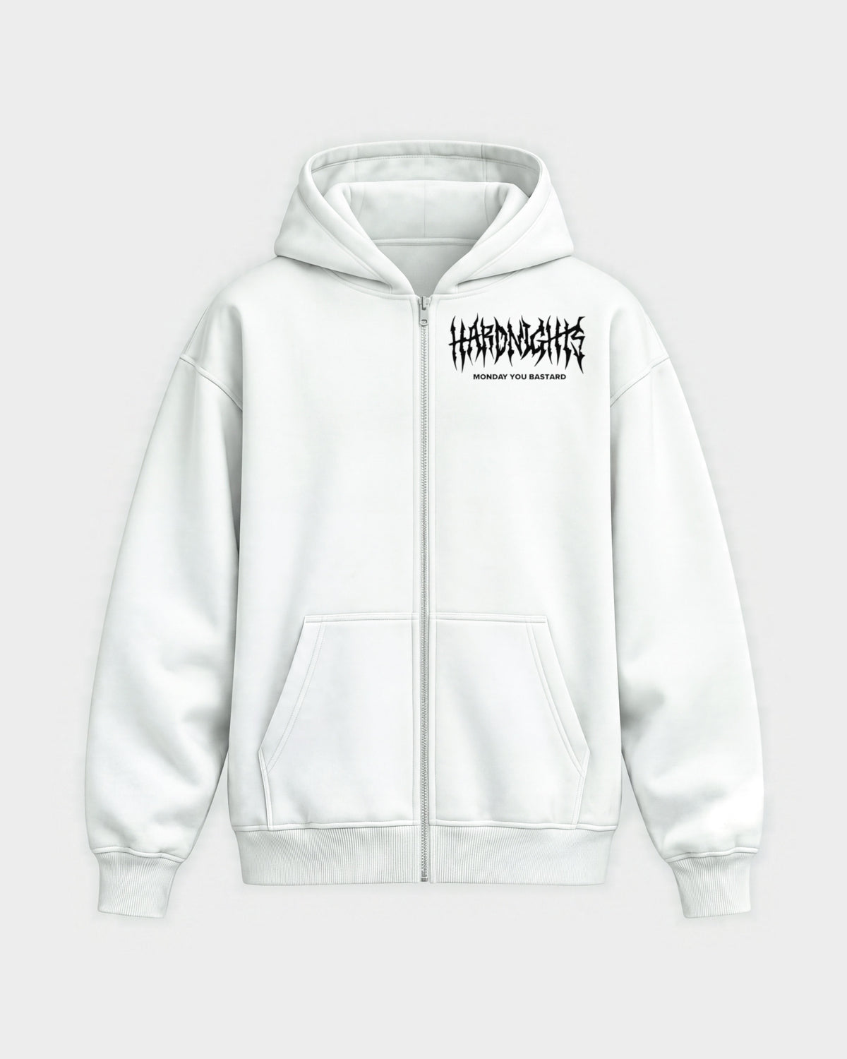 Monday you bastard – Oversized Zipper Hoodie in Weiß, Frontprint – Hard Nights