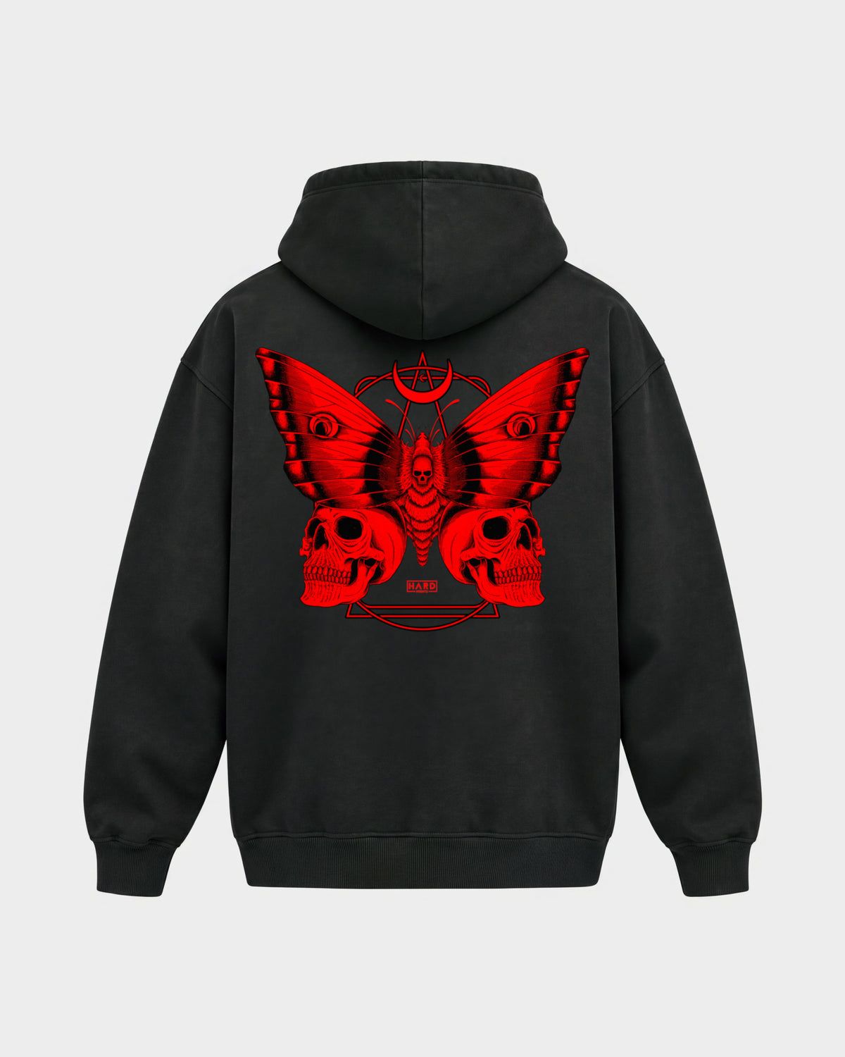 Moth – Oversized Hoodie in Schwarz, Rückenprint – Hard Nights