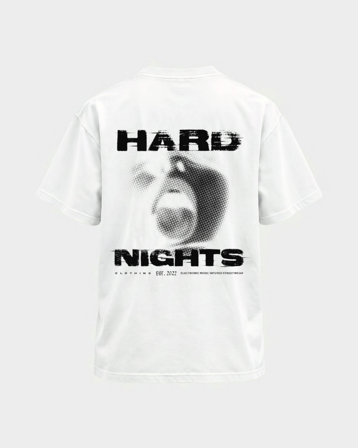 Night Face – Basic Shirt in Weiß, Rückenprint – Hard Nights