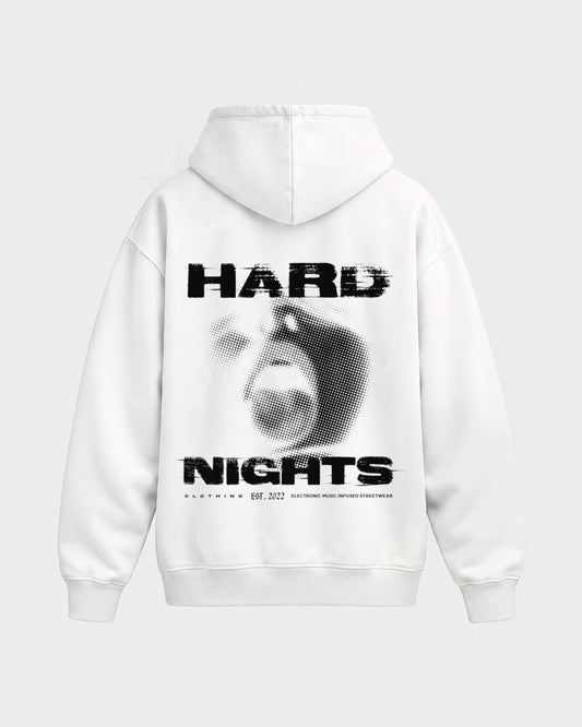Night Face – Oversized Hoodie in Weiß, Rückenprint – Hard Nights