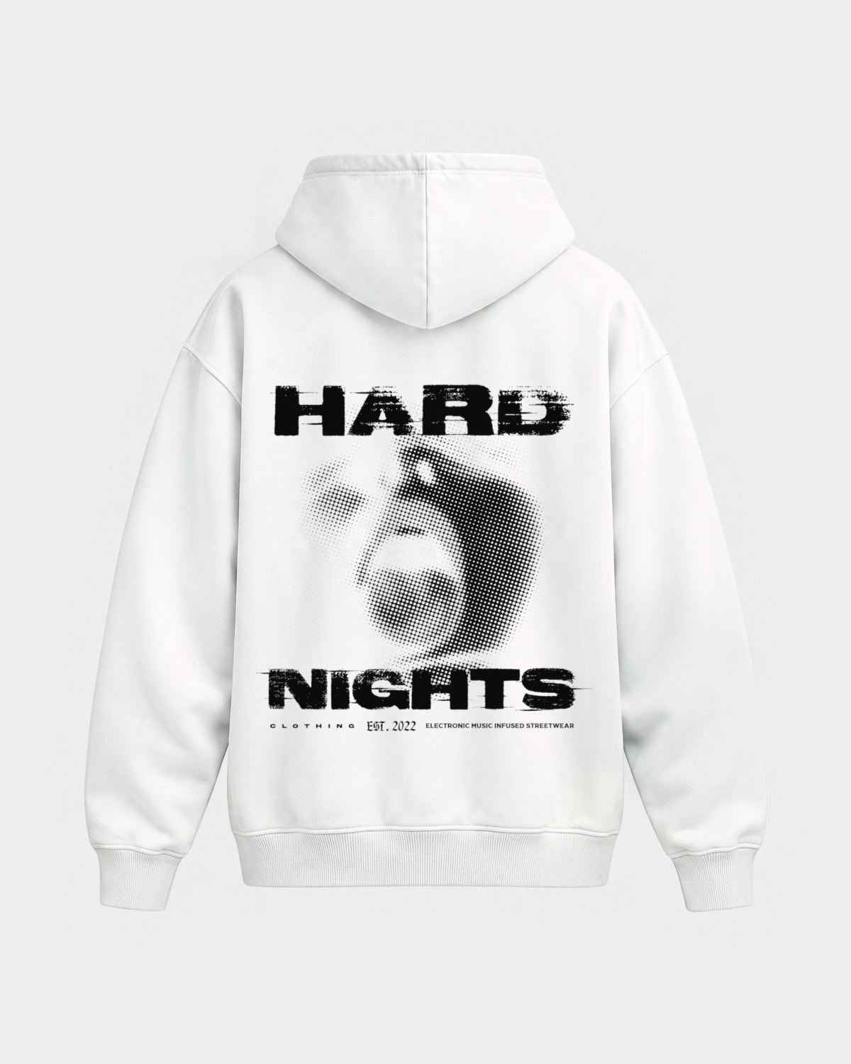 Night Face – Oversized Hoodie in Weiß, Rückenprint – Hard Nights