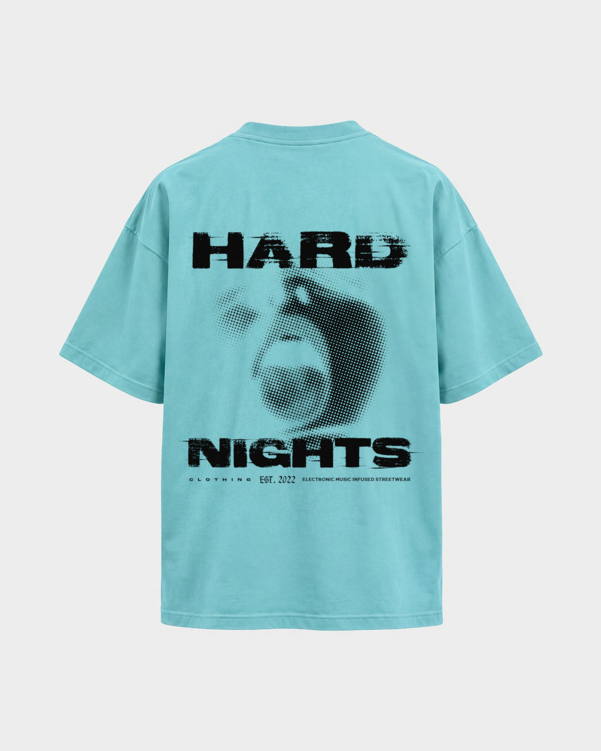 Night Face – Oversized Shirt in Berylblau, Rückenprint – Hard Nights