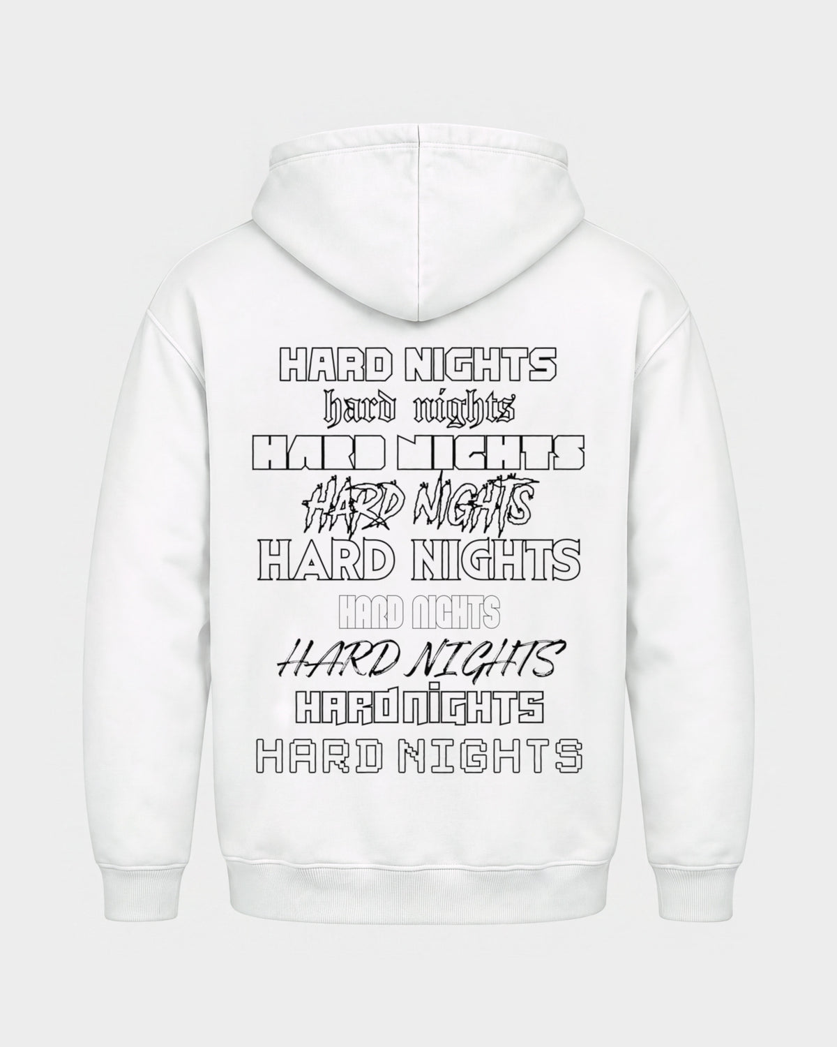 Okay – Basic Hoodie in Weiß, Rückenprint – Hard Nights