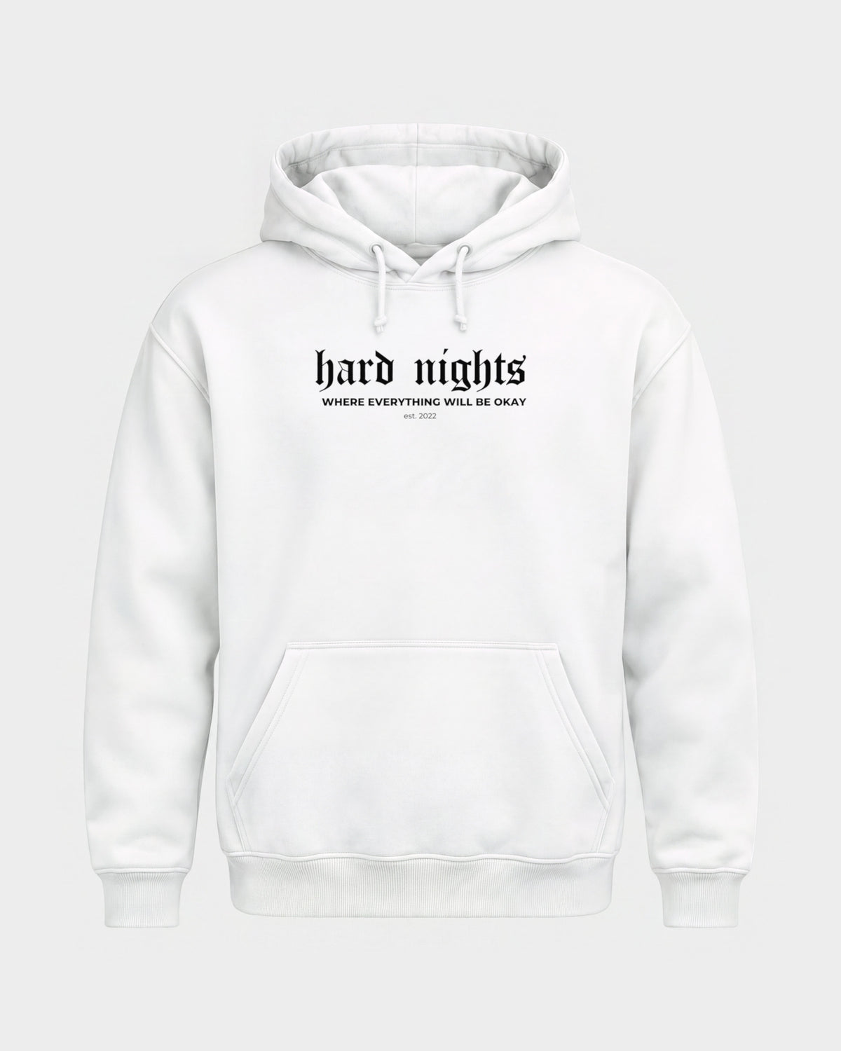 Okay – Basic Hoodie in Weiß, Frontprint – Hard Nights