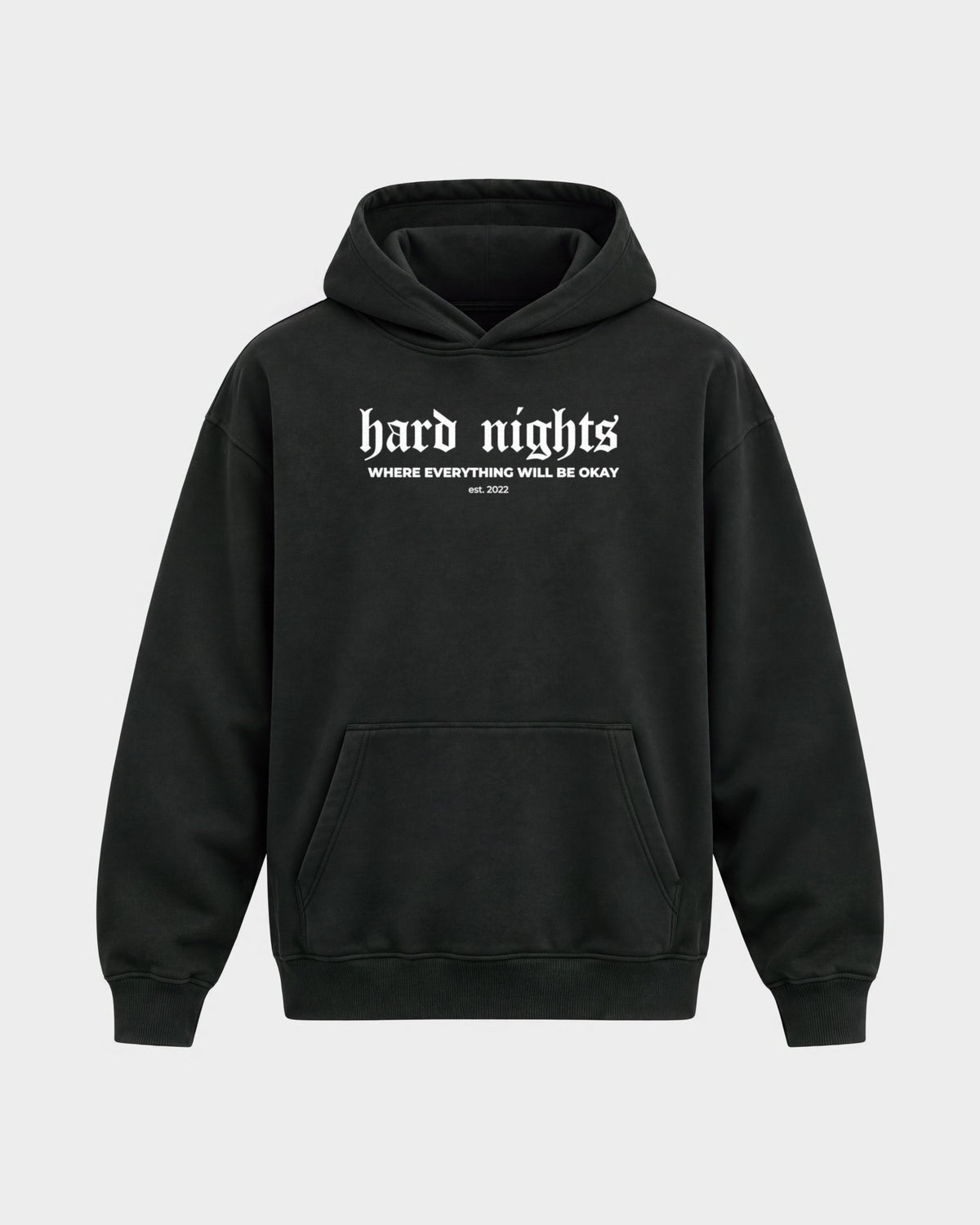 Okay – Oversized Hoodie in Schwarz, Frontprint – Hard Nights