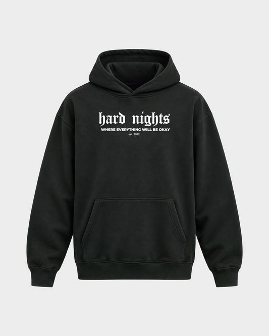 Okay – Oversized Hoodie in Schwarz, Frontprint – Hard Nights