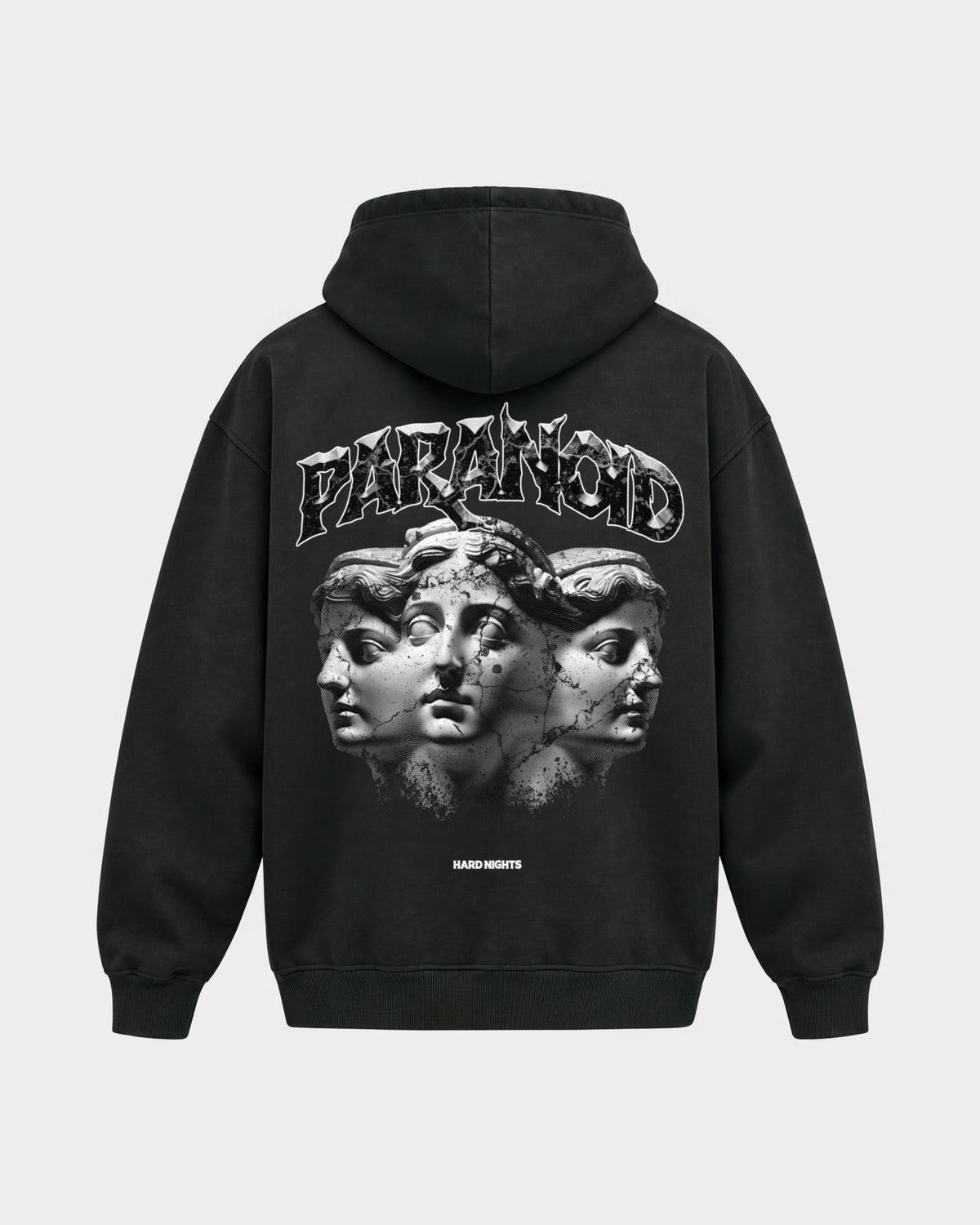 Paranoid Heads – Oversized Hoodie in Schwarz, Rückenprint – Hard Nights