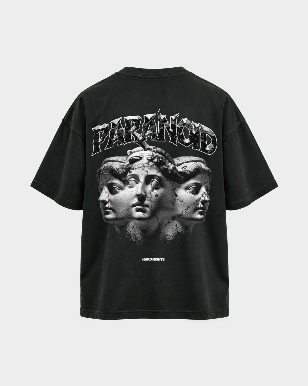 Paranoid Heads – Oversized Shirt in Schwarz, Rückenprint – Hard Nights