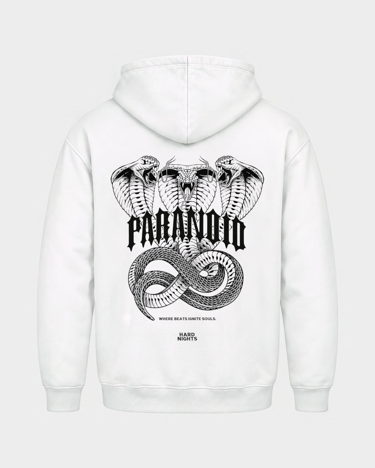 Paranoid Snake – Basic Hoodie in Weiß, Rückenprint – Hard Nights