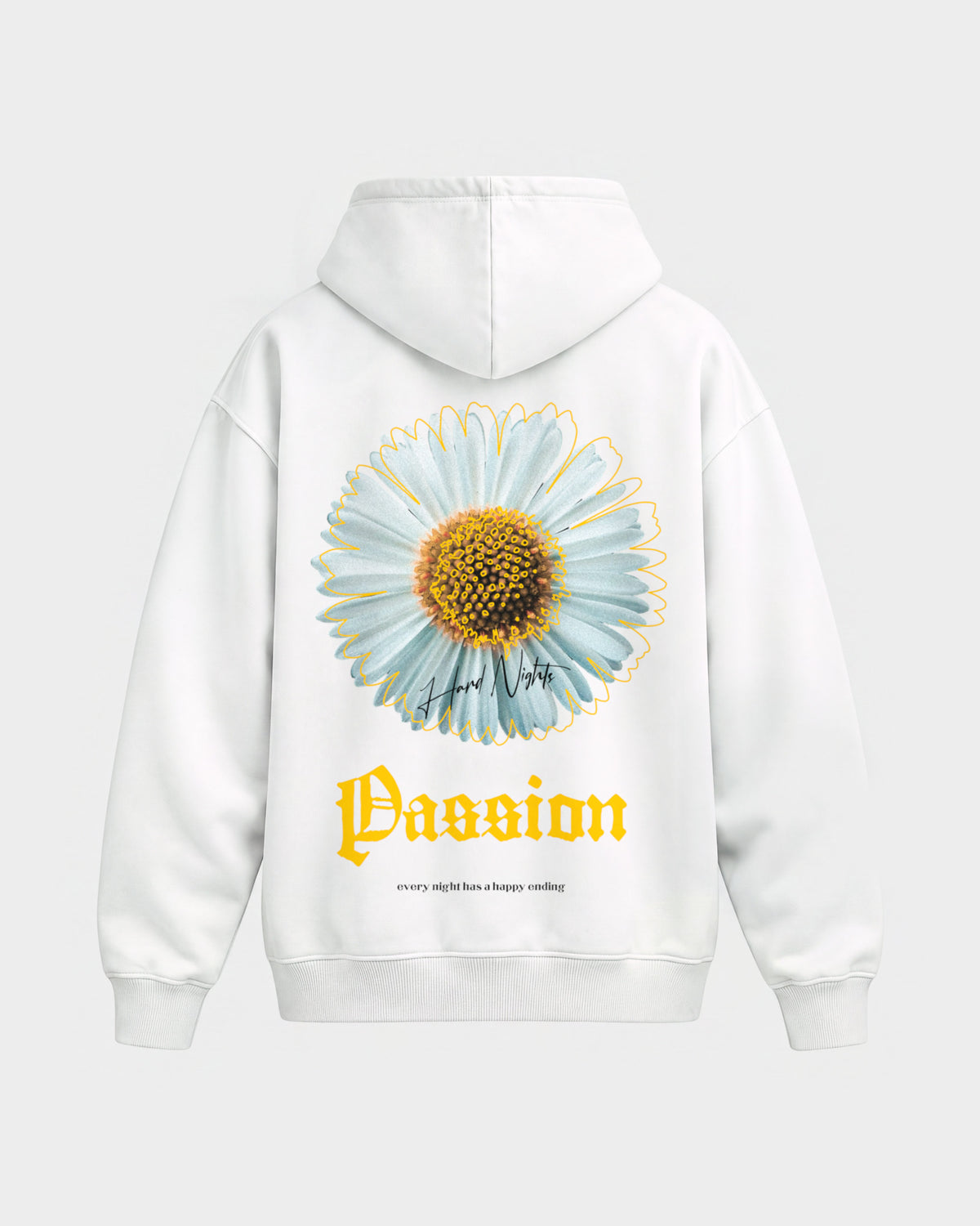 Passion – Oversized Hoodie in Weiß, Rückenprint – Hard Nights