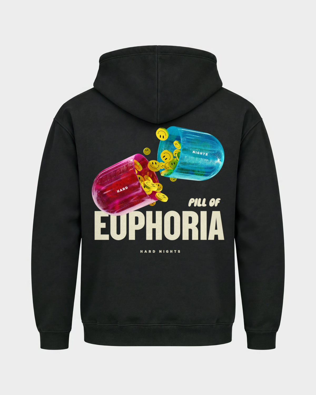 Pill of euphoria – Basic Hoodie in Schwarz, Rückenprint – Hard Nights