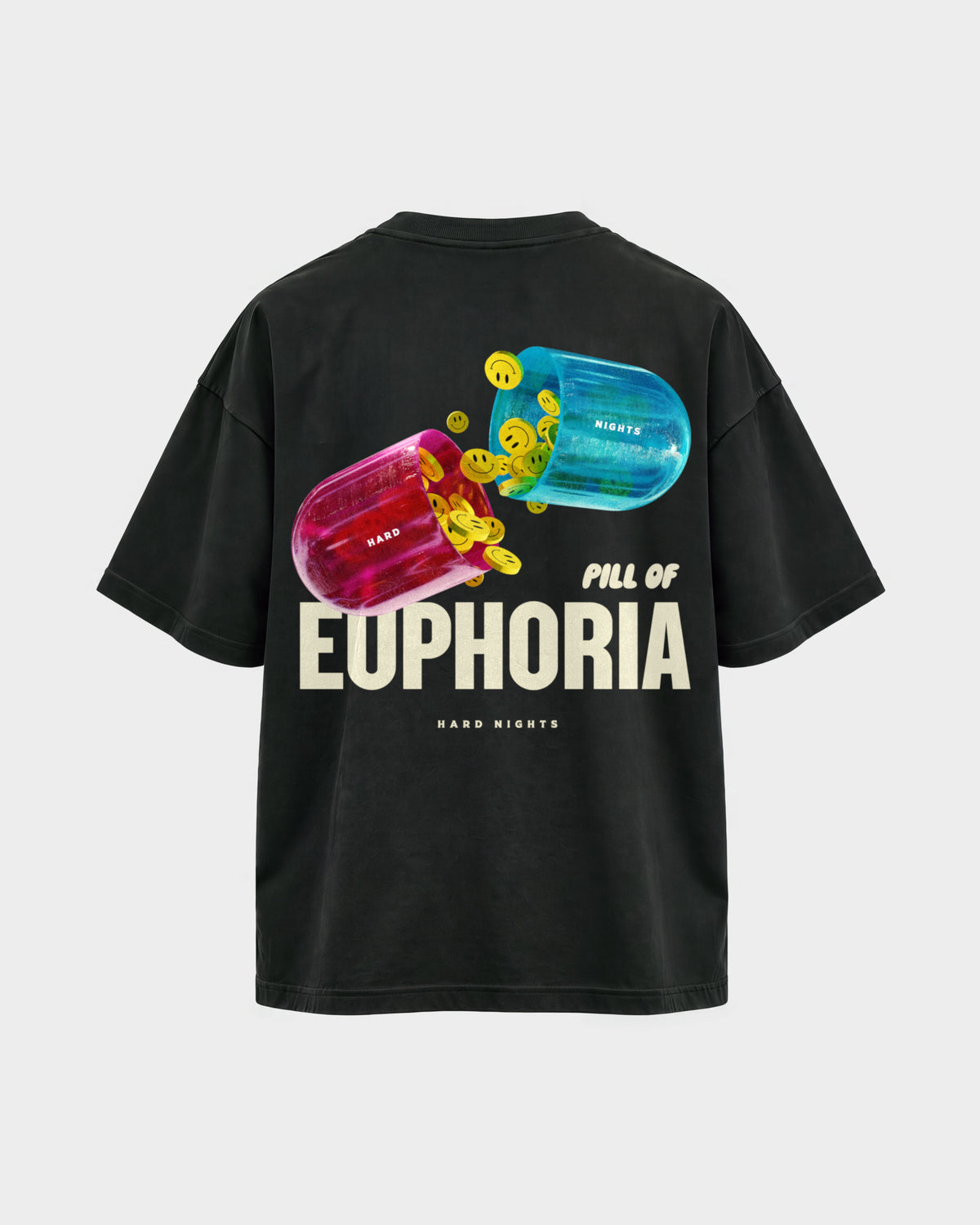 Pill of euphoria – Oversized Shirt in Schwarz, Rückenprint – Hard Nights