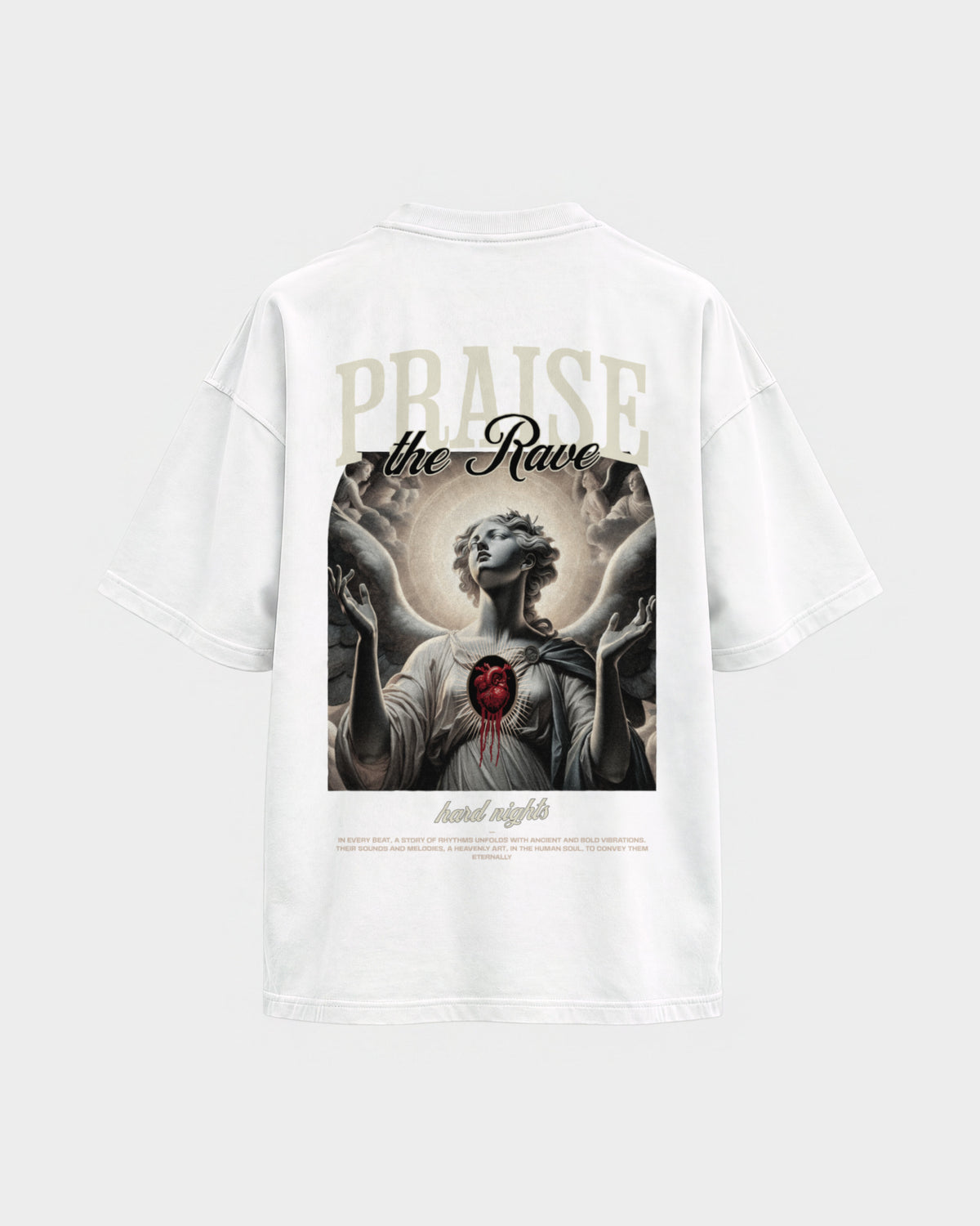 Praise the rave – Oversized Shirt in Weiß, Rückenprint – Hard Nights